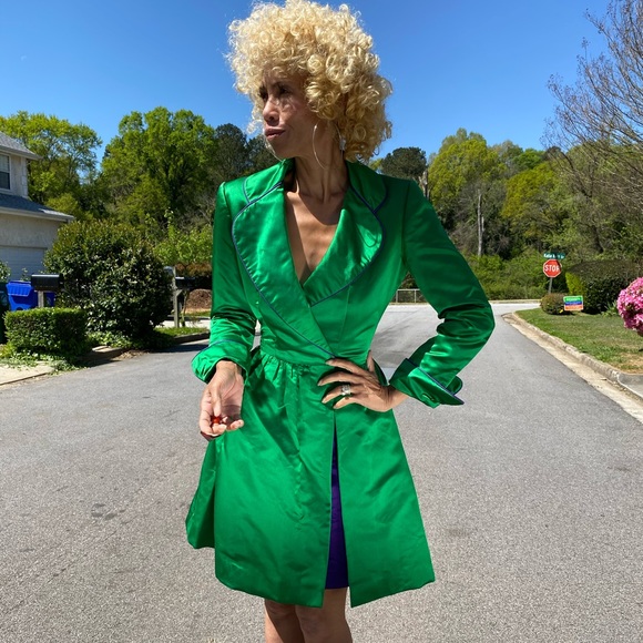 Vtg Bob Mackie satin coat dress tuxedo green XS - Picture 4 of 11